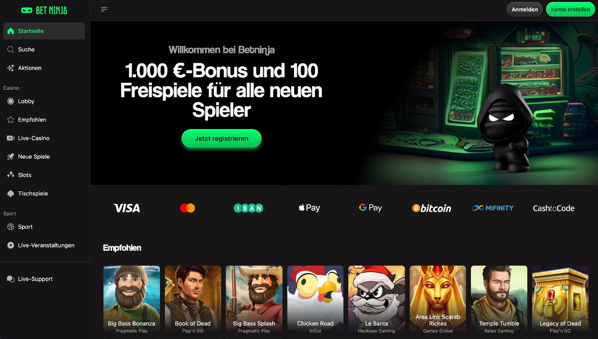 Betninja überzeugt in der Auswahl der Casinos ohne LUGAS durch die perfekte Kombination aus Casino und Sportwetten sowie einem attraktiven gestaffelten Bonus von bis zu 1.000 Euro.