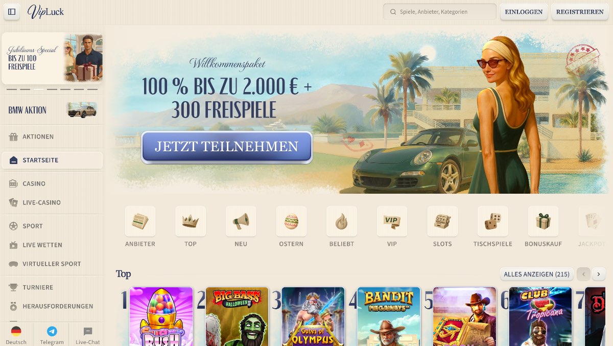 Vipluck ist die erste Wahl für Live-Action unter den Casinos ohne LUGAS und bietet über 100 Live-Tische sowie einen kompetenten deutschsprachigen Support, der rund um die Uhr verfügbar ist.